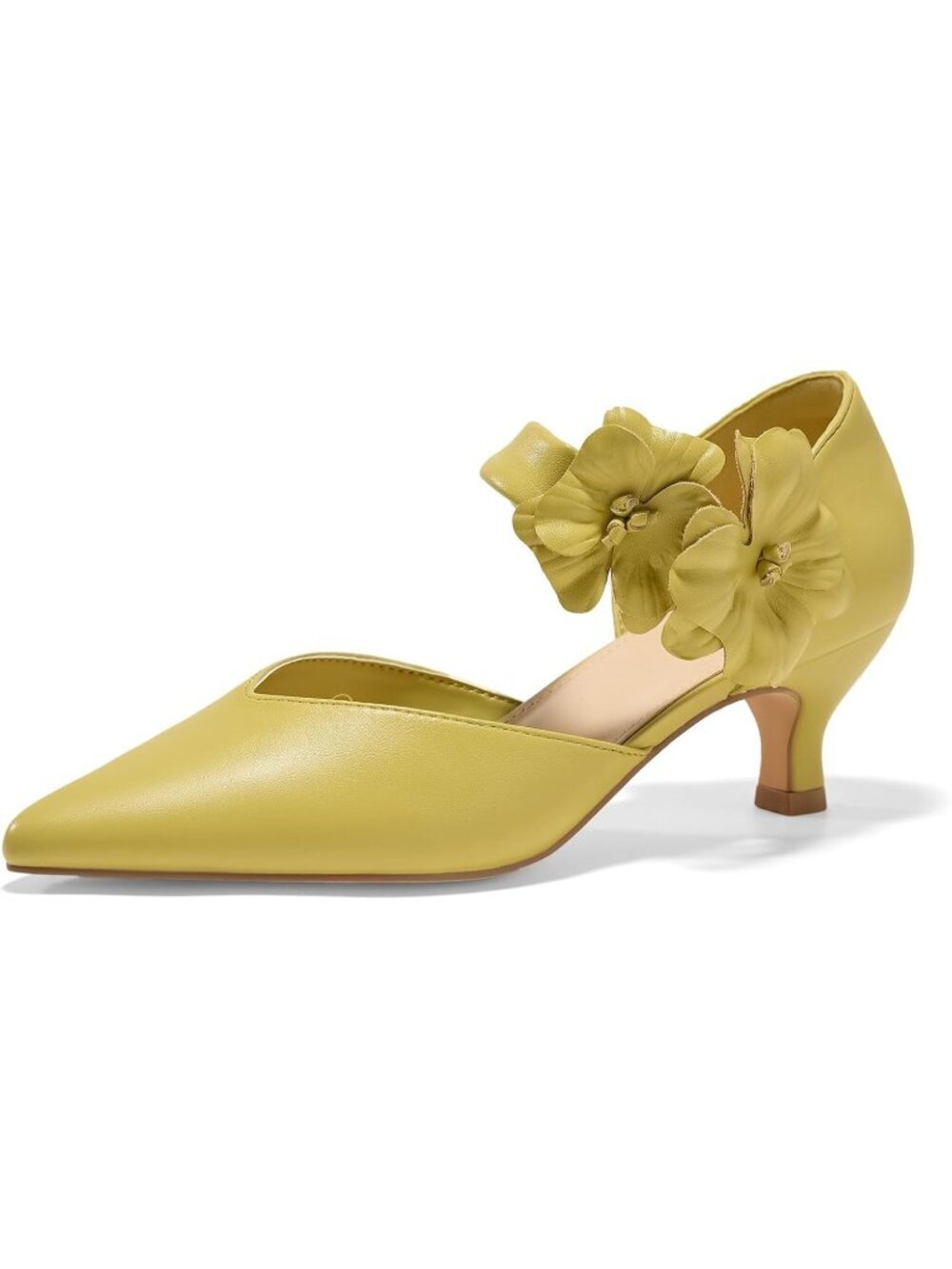 Women's Yellow Low Kitten Heels Pointed Toe Slip On Pumps Ankle Strap Shoes